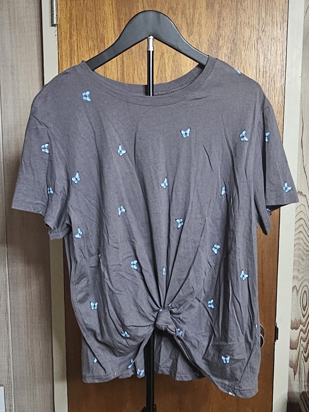 Rebellious One Gray Short Sleeve Tee with Blue Butterfly Motif